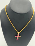 Cadena de Oro 18K Estilo Lazo con Dije de Cruz fucsia💎