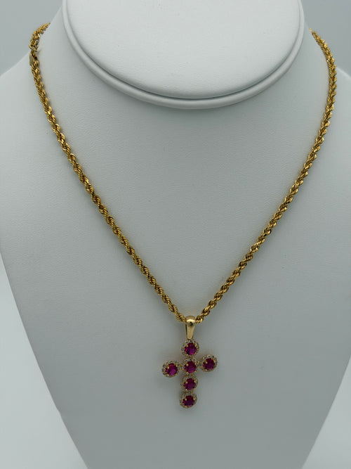 Cadena de Oro 18K Estilo Lazo con Dije de Cruz fucsia💎